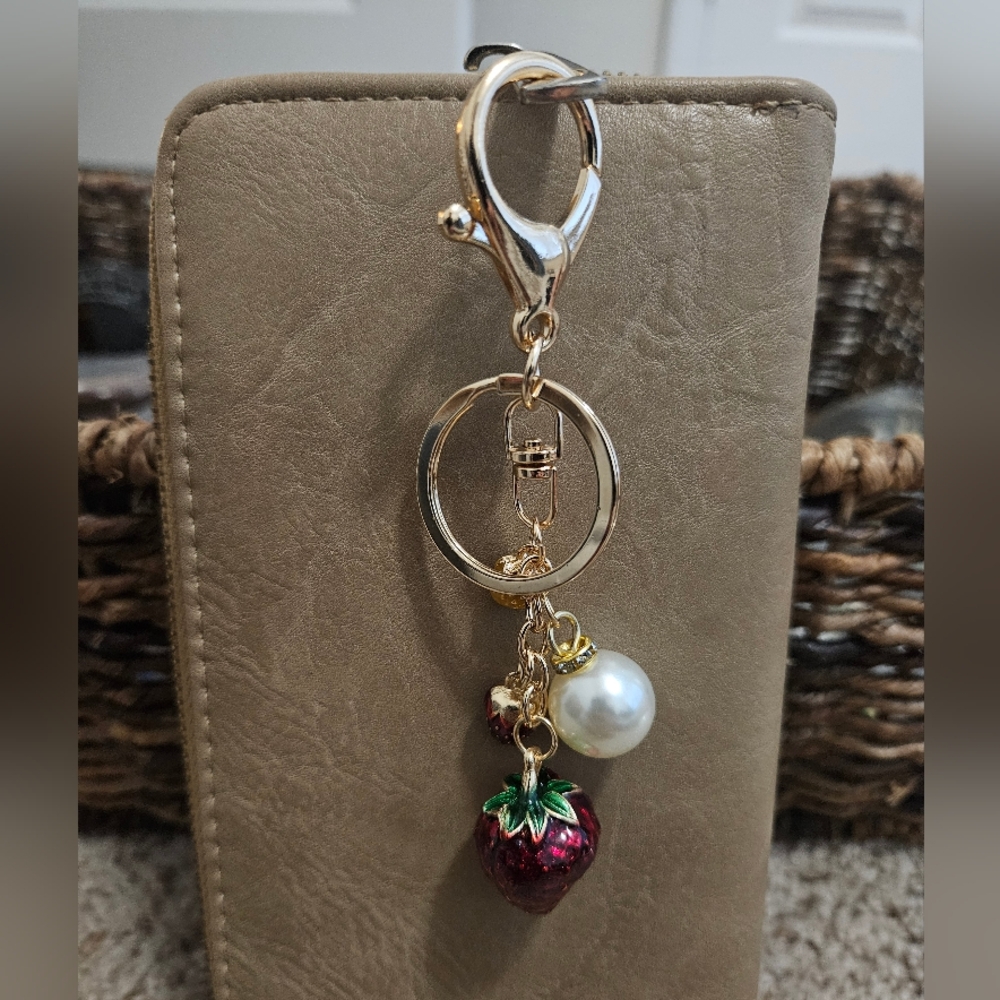 Gold Strawberry Keychain with Pearl Charm